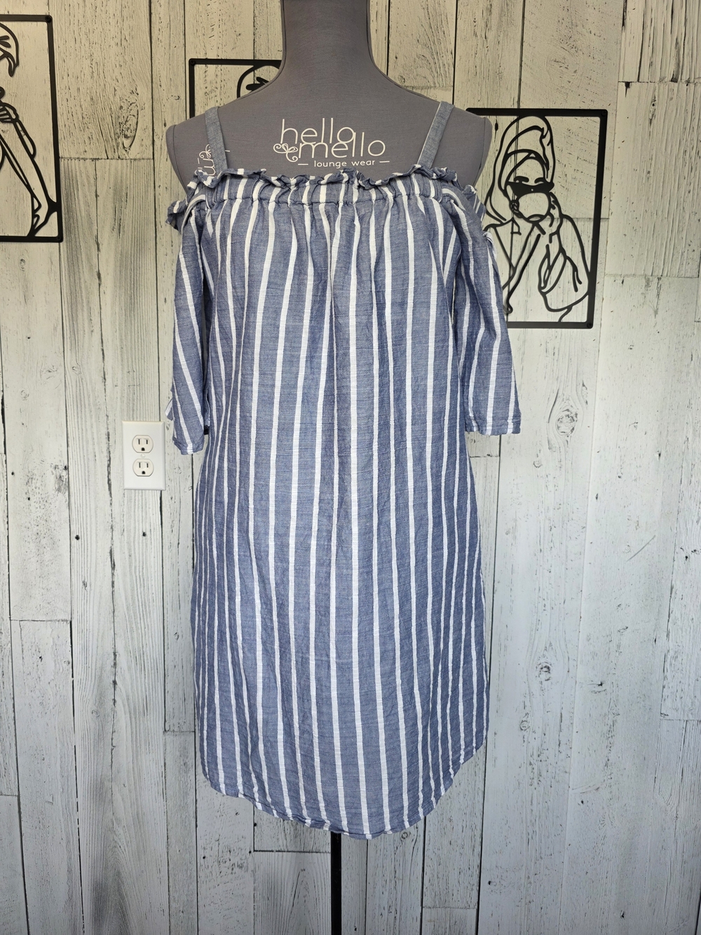Lucky Brand Blue & White Striped Cold Shoulder Dress Size S Vacation Boho Cotton